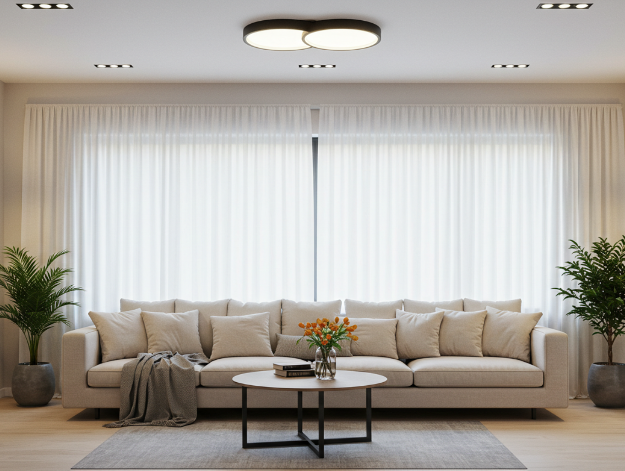 A cozy living room with a sofa, coffee table, and soft lighting from the ceiling.